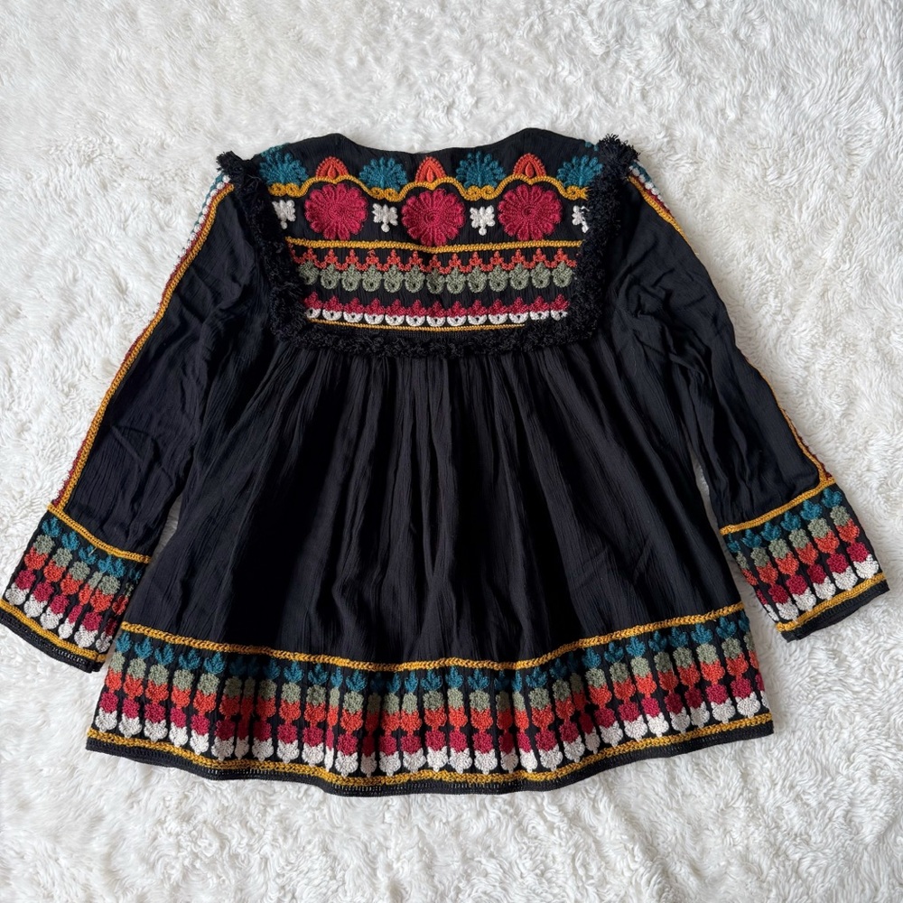 Zara Black Embroidered Boho Peasant Blouse with Multicolor Accents - Picture 3 of 10